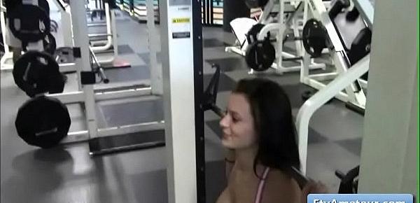  Sexy brunette teen amateur Lana show her natural big breasts while working out